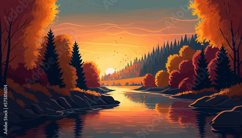 Sunset river background landscape illustration vector graphic