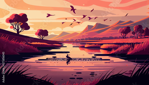 Sunset river background landscape illustration vector graphic