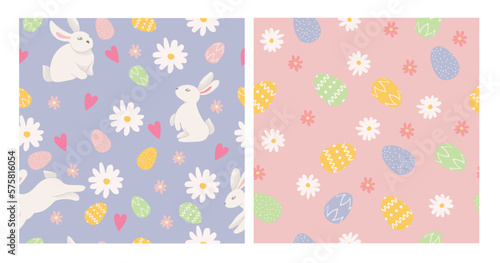 Easter rabbit pattern set. Seamless pattern with rabbit, eggs and daisy flower. Vector illustration set.