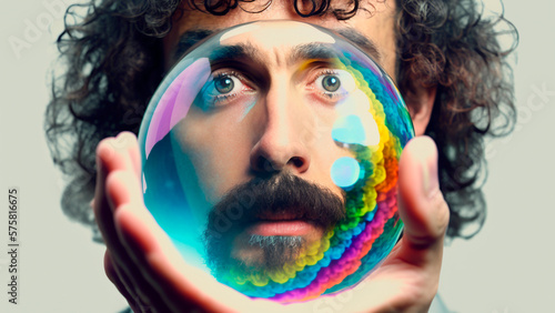  colorful man with curls, a beard and a silver-colored mustache holds a transparent glass ball in his hands and looks through this ball
