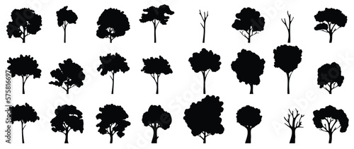 Set of trees silhouette vector. Forest trees, jungle, coconut tree, nature, ecology vector symbol hand drawn collection isolated on white background. Design for logo, sticker, branding, artwork.