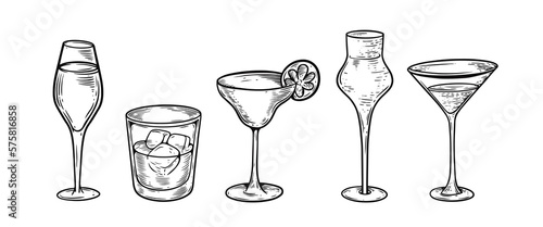 Black and white color cocktails or drinks glasses vector art illustration.