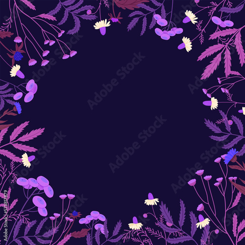 Neon flower frame on a dark background. Decoration of field plants and flowers.