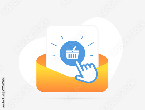Email Marketing Abandoned Cart Recovery strategy. An open targeted email letter with shopping cart icon that cursor clicks on and completes an abandoned and unfinished purchase order.