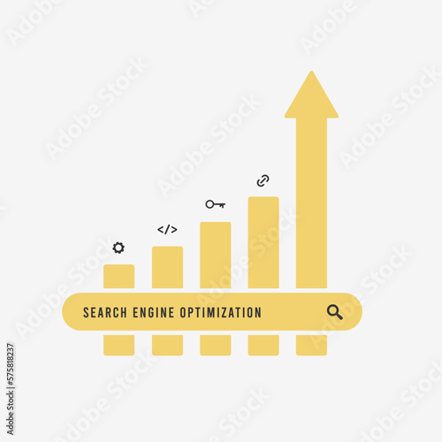 SEO optimization concept. Search bar with Search Engine Optimization query, graph with icons of SEO tactics like link building, keywords research, content optimization and upward growth