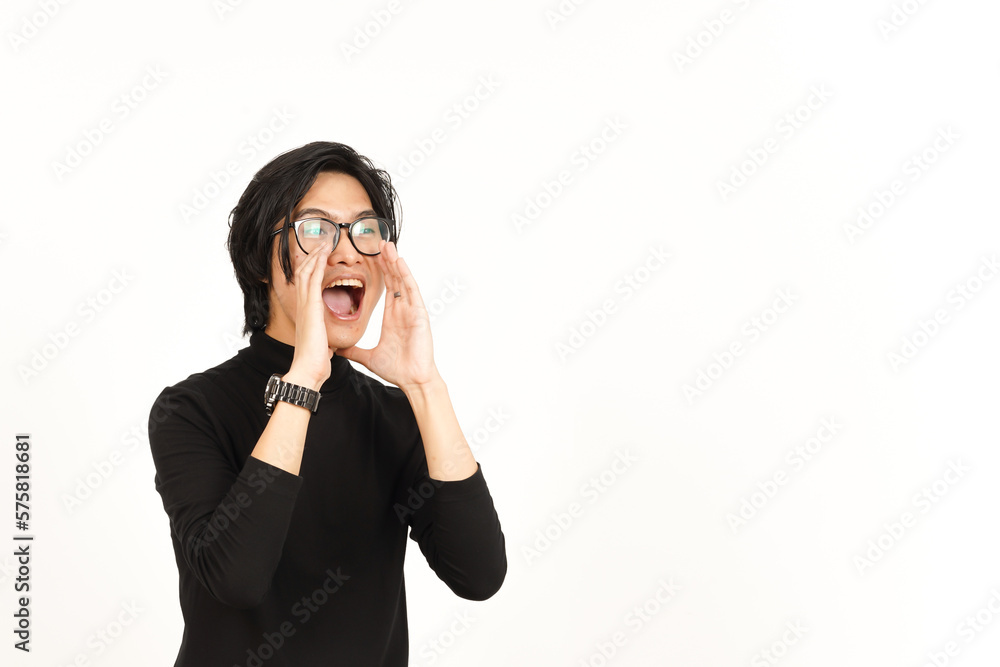 Announcement with hands over mouth Of Handsome Asian Man Isolated On White Background Announcement with hands over mouth Of Handsome Asian Man Isolated On White Background