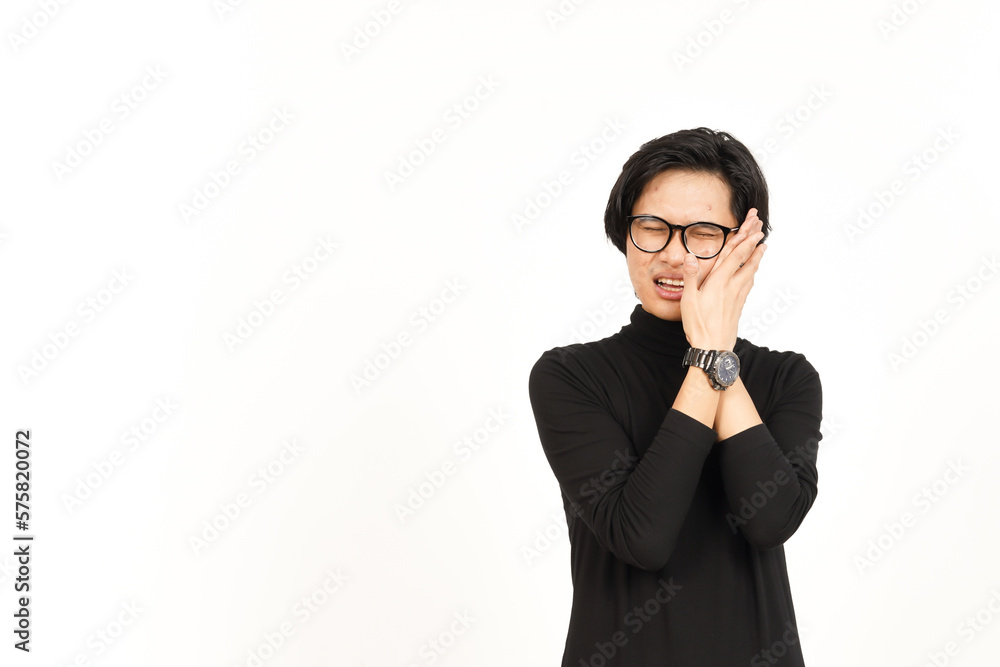 Suffering toothache gesture Of Handsome Asian Man Isolated On White Background Suffering toothache gesture Of Handsome Asian Man Isolated On White Background