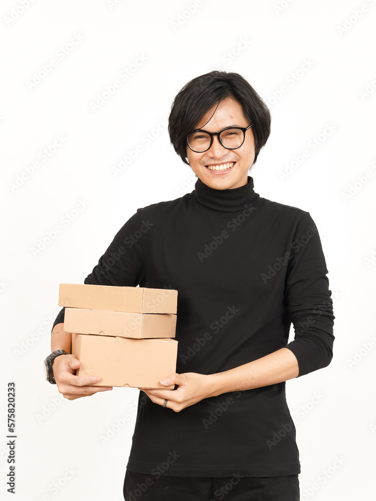 Holding Package Box or Cardboard Box Of Handsome Asian Man Isolated On White Background Holding Package Box or Cardboard Box Of Handsome Asian Man Isolated On White Background