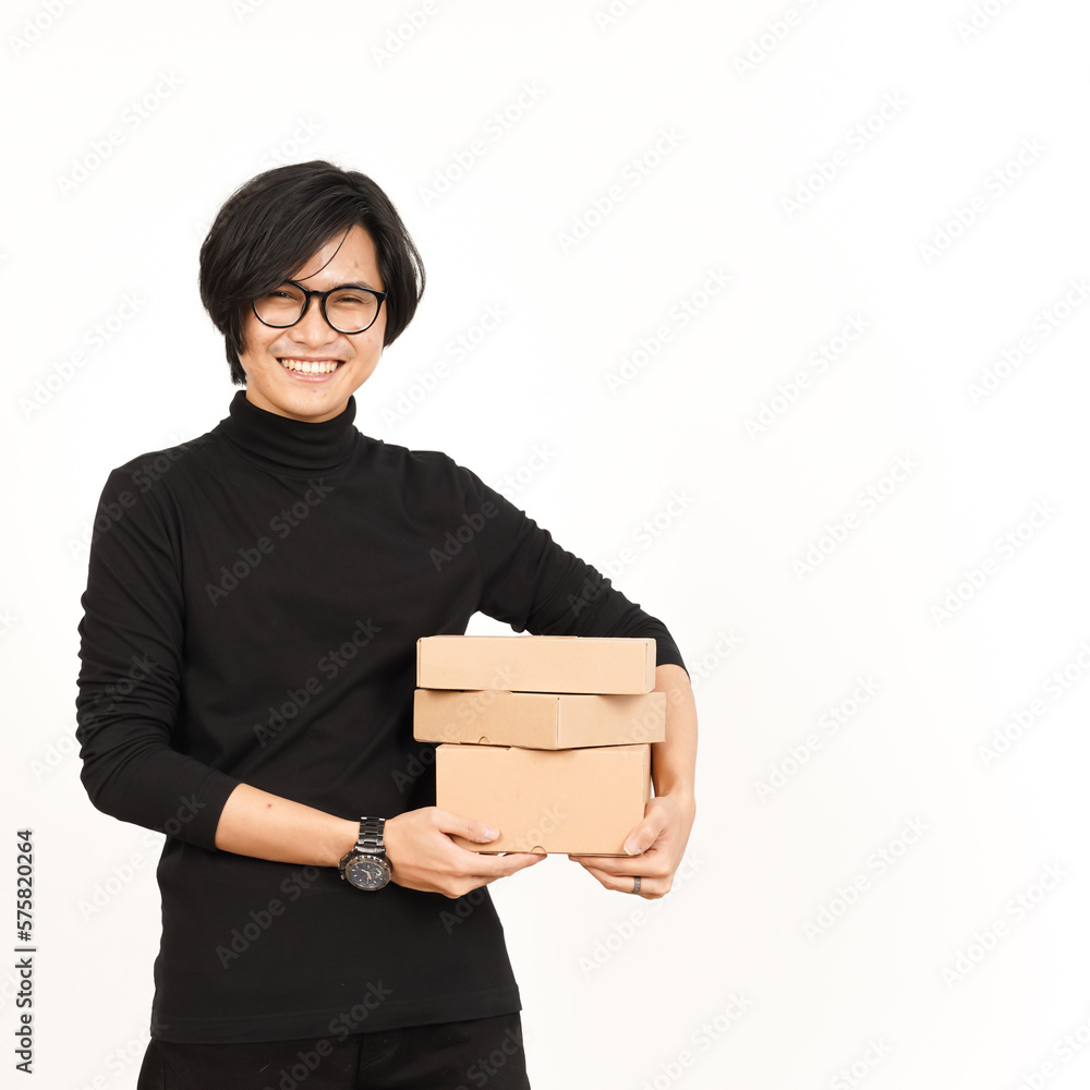 Holding Package Box or Cardboard Box Of Handsome Asian Man Isolated On White Background Holding Package Box or Cardboard Box Of Handsome Asian Man Isolated On White Background