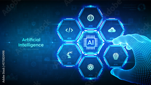 AI. Artificial intelligence. Machine learning concept. Big data analysis. Neural networks. Wireframe hand places an element into a composition visualizing artificial intelligence. Vector illustration.