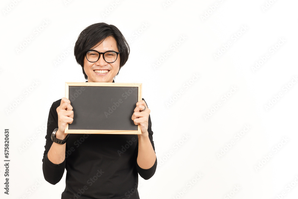 Showing, Presenting and holding Blank Blackboard Of Handsome Asian Man Isolated On White Background Showing, Presenting and holding Blank Blackboard Of Handsome Asian Man Isolated On White Background