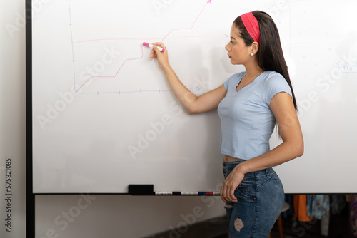 University woman  explaining on a white board what they taught in class.