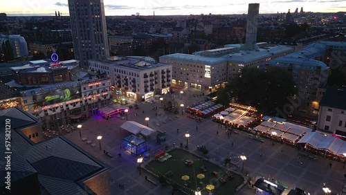 Medborgarplatsen Söder on a summers evening. Blue hour aerial forward shot. photo