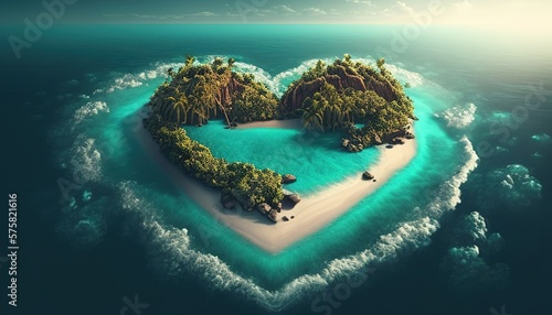 Heart-shaped island paradise, symbolizing love and romantic getaway