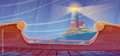 Sea landscape background with lighthouse on island, ship deck view. Cartoon vector Illustration with house on rocky coast in ocean, stormy weather, wind and rain. Beacon building on harbor seascape