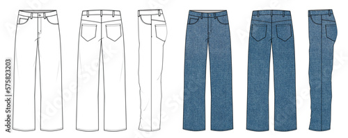 Straight jeans pants vector template illustration cad technical drawing photo