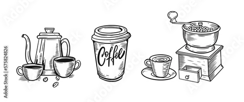 Coffee in paper cup, grinder and coffee pot. Black and white vector illustration.