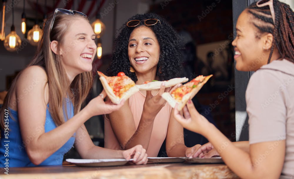 Woman, friends and laughing with pizza for funny joke, meme or conversation together at restaurant. Happy hungry women laugh and smile for fun date, eating or bonding at cafe enjoying Italian food - obrazy, fototapety, plakaty 