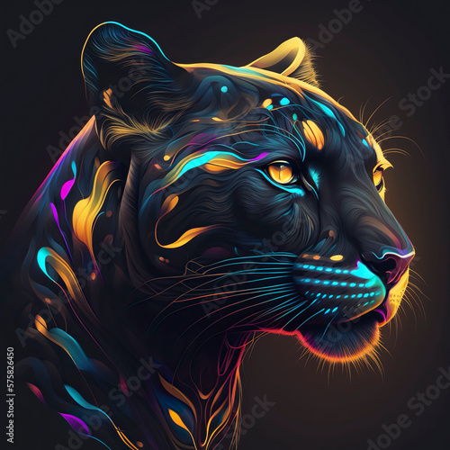 Black panther in neon colors. Generative AI.