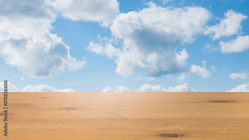 wooden table, blue sky