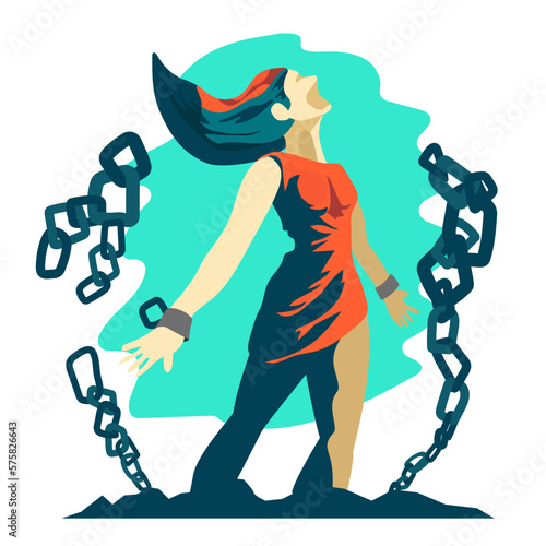Mujer libertad con cadenas, ilustración vectorial, dibujo animado, libertad femenina. 
