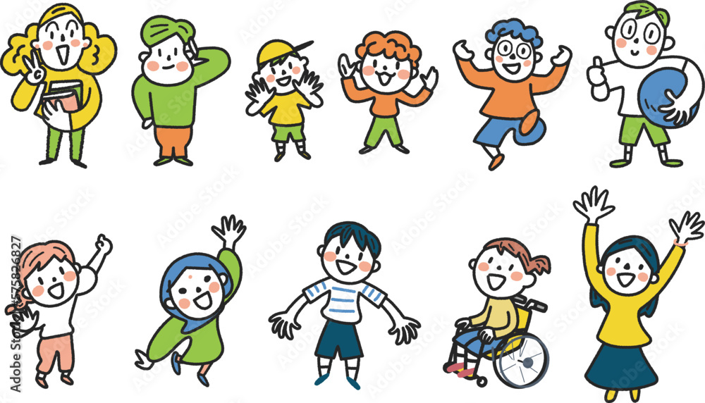 元気な笑顔の多様で多国籍の子どもたち　セット　イラスト素材	
