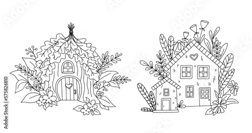 Hand drawn cute vector house in forest. Little rural dwarf home isolated on white. Outline childish illustration for coloring book