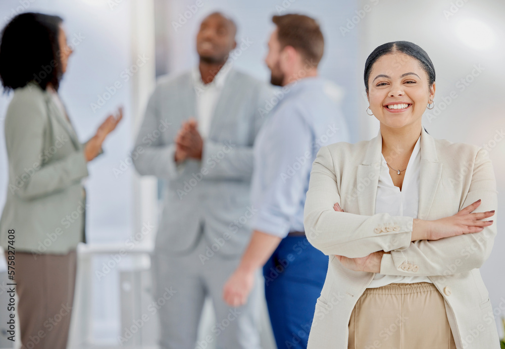 Woman, business and leadership in meeting with smile in portrait, team leader and success with professional mindset. Corporate female, happy at job and arms crossed, manager in Los Angeles office Woman, business and leadership in meeting with smile in portrait, team leader and success with professional mindset. Corporate female, happy at job and arms crossed, manager in Los Angeles office