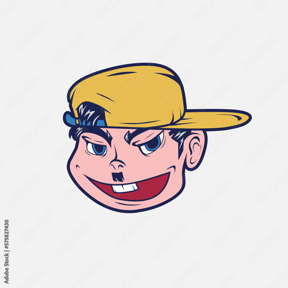 Funky funny man wear cap vector logo. Isolated white background for t-shirt, poster, clothing, merch, apparel, badge design Funky funny man wear cap vector logo. Isolated white background for t-shirt, poster, clothing, merch, apparel, badge design