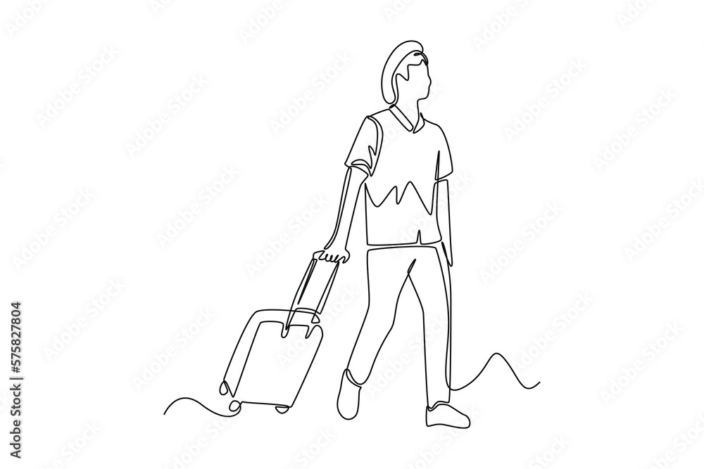 Continuous one line drawing happy man pulling a suitcase for traveling. Travel experience concept. Single line draw design vector graphic illustration. Continuous one line drawing happy man pulling a suitcase for traveling. Travel experience concept. Single line draw design vector graphic illustration.