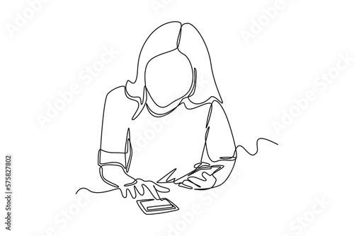 Continuous one line drawing woman calculating travel budget. Travel experience concept. Single line draw design vector graphic illustration.