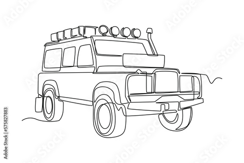 Continuous one line drawing Off road vehicle for travelling. Travel experience concept. Single line draw design vector graphic illustration.