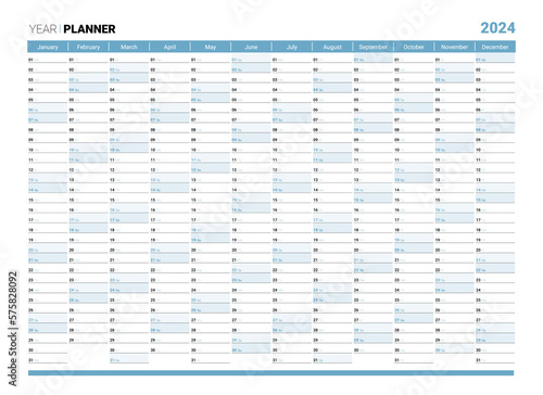 2024 yearly planner or organizer design template, ready for print. Schedule page journal, stationery calendar, corporate planner, 12 month vector illustration