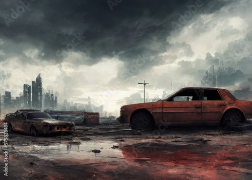 An old car in a post-apocalypse world. Generated by AI