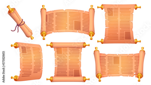 Ancient parchment torah scroll set cartoon vector illustration. Isolated old papyrus gold roll on white background. Vintage jewish manuscript page. Antique historical document design.