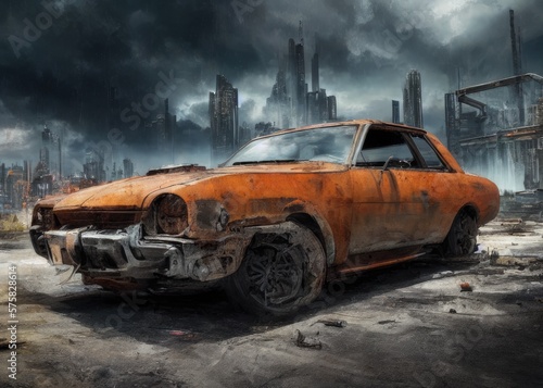 An old car in a post-apocalypse world. Generated by AI