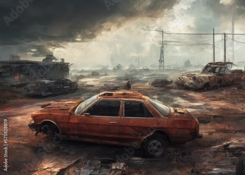 An old car in a post-apocalypse world. Generated by AI © vavfoto