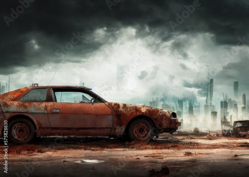 An old car in a post-apocalypse world. Generated by AI © vavfoto