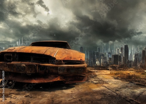 An old car in a post-apocalypse world. Generated by AI