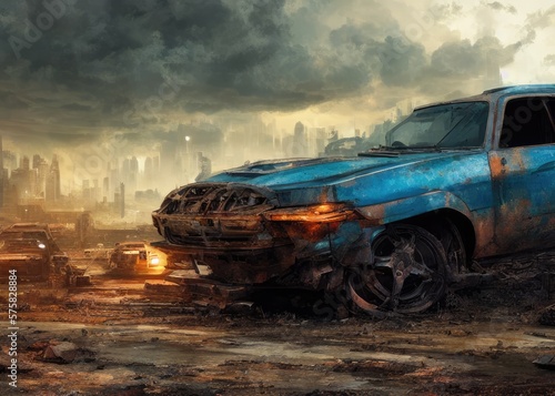 An old car in a post-apocalypse world. Generated by AI