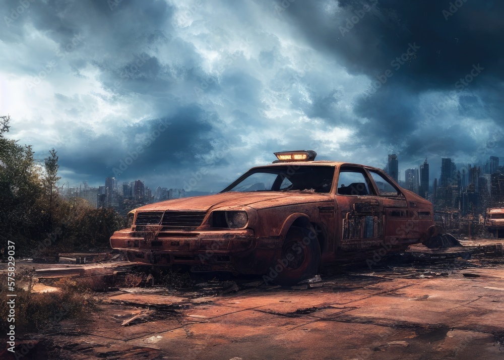 An old car in a post-apocalypse world. Generated by AI An old car in a post-apocalypse world. Generated by AI