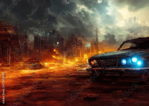 An old car in a post-apocalypse world. Generated by AI © vavfoto