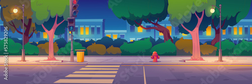 Night city street with buildings, traffic lights at crosswalk for pedestrian safety. Vector illustration of contemporary cartoon houses, empty road and sidewalk, trees and bushes, evening illumination