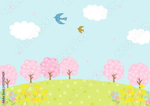春の桜がある青空の風景イラスト
