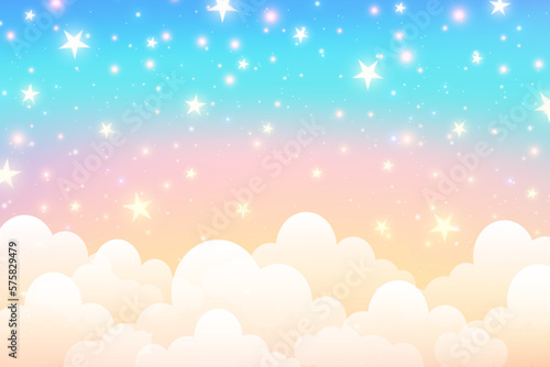 Cloudy sky background. Unicorn fantasy pastel galaxy. Rainbow cute wallpaper. Fluffy magic pink landscape. Vector illustration