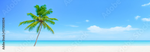 Beach holiday, summer vacation background. Green palm tree on tropical beach with bokeh sun light wave. Generative AI background. Copy space of summer vacation and business travel concept