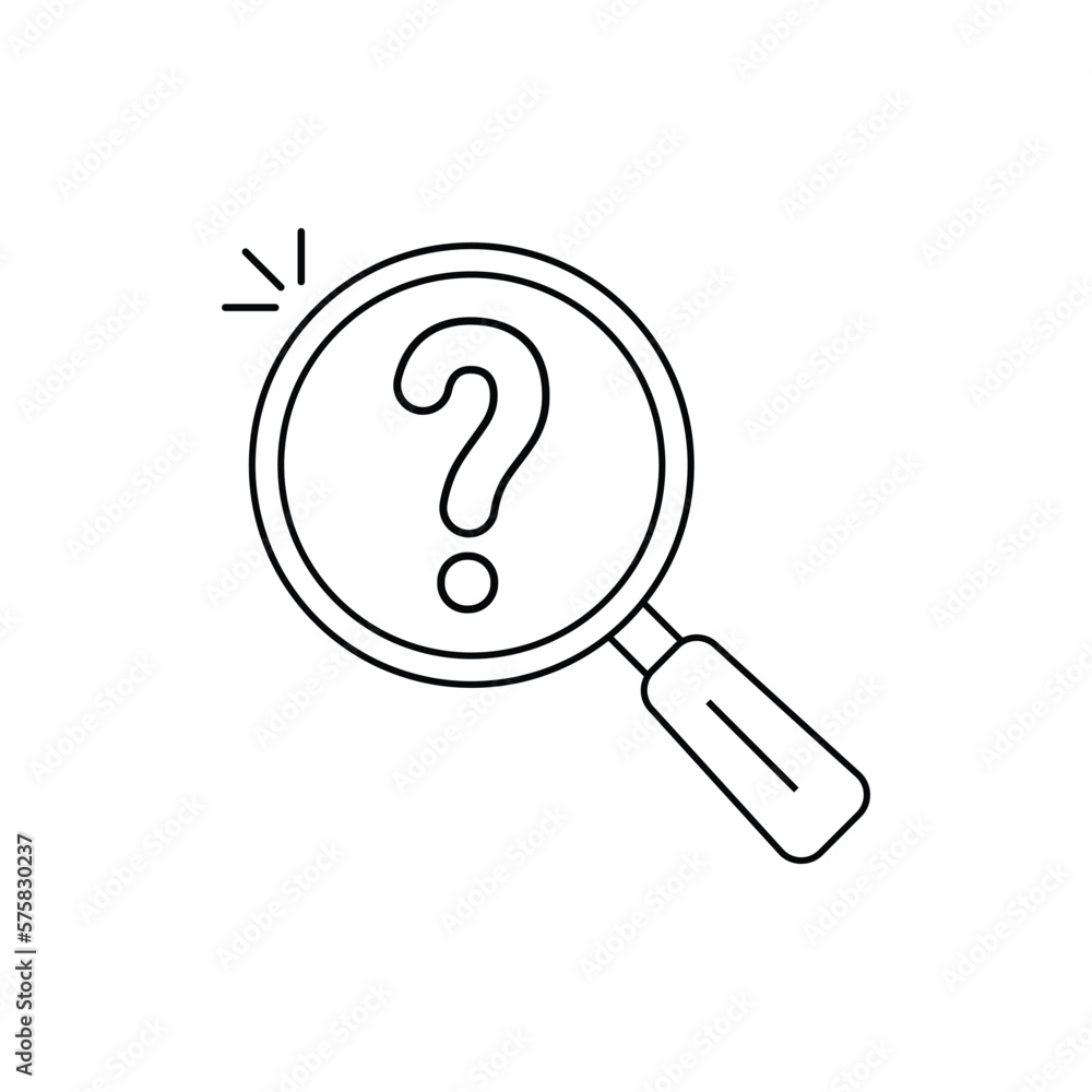 thin line magnifier black icon with question mark. flat linear trend modern lineart scrutiny or inquiry logotype stroke art design web element isolated on white. concept of inspect or survey badge thin line magnifier black icon with question mark. flat linear trend modern lineart scrutiny or inquiry logotype stroke art design web element isolated on white. concept of inspect or survey badge