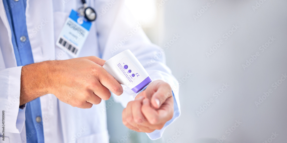 Covid thermometer, hands and doctor temperature check for healthcare, hospital policy or corona virus compliance. Wrist scan, mockup nurse and man with medical regulation for health care or wellness Covid thermometer, hands and doctor temperature check for healthcare, hospital policy or corona virus compliance. Wrist scan, mockup nurse and man with medical regulation for health care or wellness