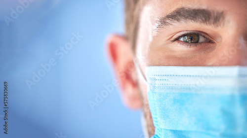 Covid 19 portrait, half face mask and doctor for pandemic security risk, hospital healthcare support or clinic mockup. Corona virus safety, medical nurse eyes or man for health care, wellness or help