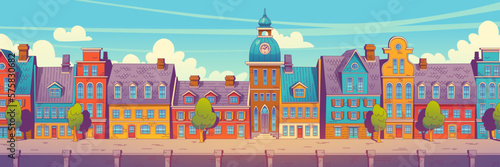 Scandinavian street with traditional architecture. Vector illustration of contemporary cartoon style houses with chimneys, town hall tower with old windows, doors, trees on embankment under blue sky